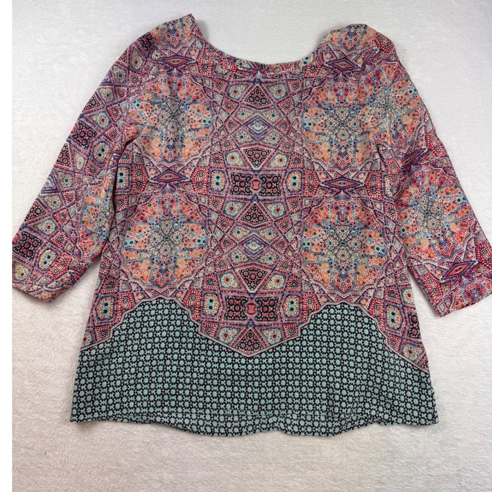 Maeve Anthropologie 100% Silk Geometric Kaleidoscope Button Back Blouse Size 12